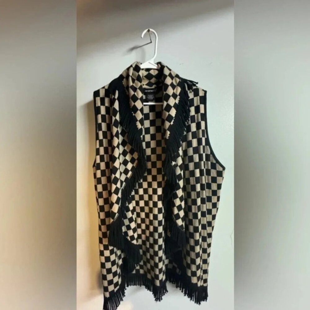Andrea Jovine women’s Cotton knit black tan checker vest fringe trim petite med